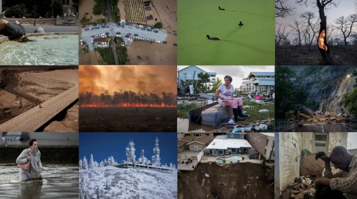 A collage of extreme weather events including floods, heatwaves, storms, and droughts around the world.