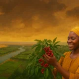 A composite illustration showing the Nile River floodplains alongside a young African girl holding ripe coffee cherries, symbolizing Africa’s legacy of weather, from ancient survival to modern productivity.