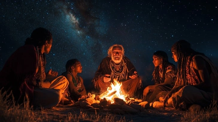 An African storyteller shares tales with children gathered around a fire at night, illustrating traditional storytelling that inspires modern YouTube engagement.