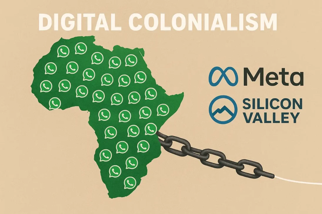 Africa outlined with WhatsApp icons, visually tethered to Silicon Valley and Meta logos, symbolizing questions of digital sovereignty and global tech control.