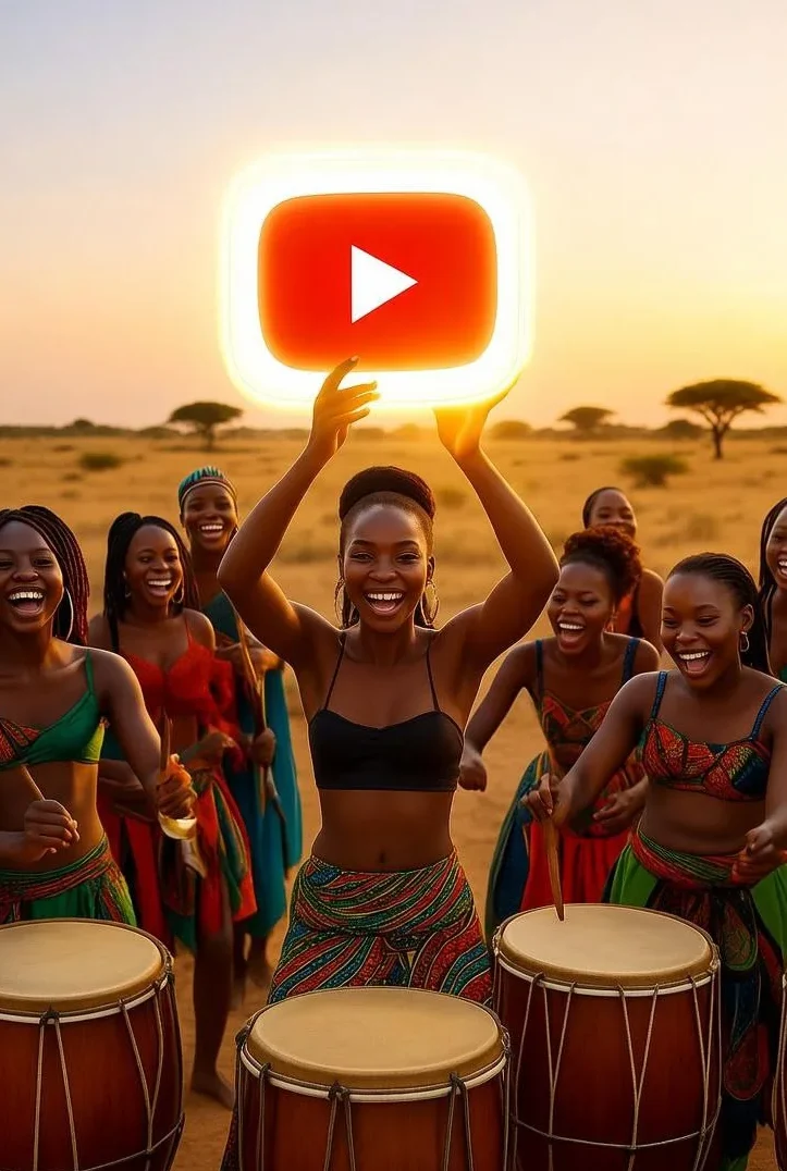 Young African girls drumming at sunset, laughing and celebrating while holding a YouTube logo, symbolizing culture shared globally.