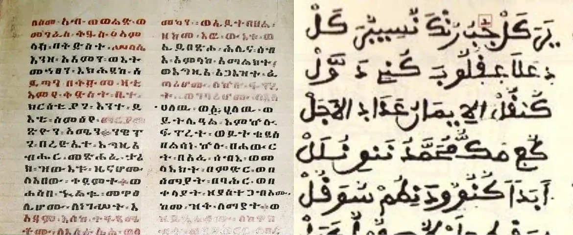Split-page image showing a Ge’ez manuscript from Ethiopia on the left and an Ajami script from West Africa on the right, highlighting Africa’s written resistance under colonial rule.