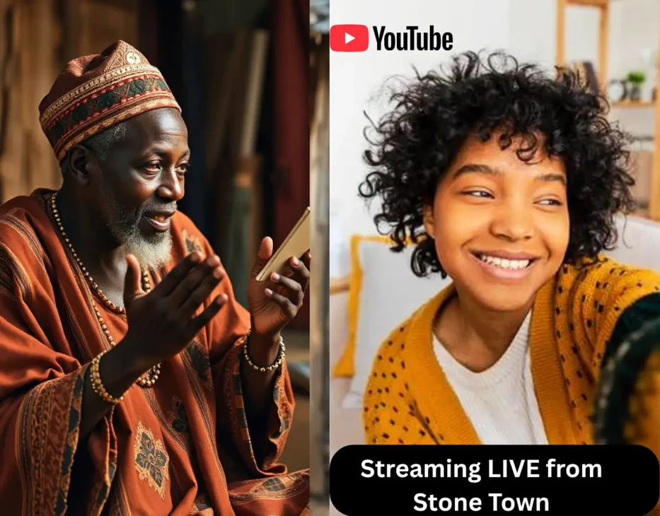 Split image showing an African griot telling a story through gestures on the left, and a young TikTok creator live-streaming from Stone Town with subtitles on the right, illustrating the translation of oral traditions into the digital age.