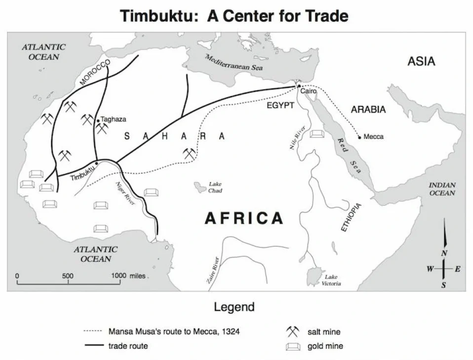 Historical map of African trade routes showing the Swahili coast, Timbuktu, and major trade hubs, illustrating the flow of goods and languages across the continent.