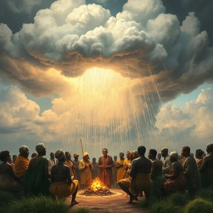 Artistic rendering of a traditional African rainmaking ceremony, where elders and community members gather under looming clouds to perform sacred rituals for rain.