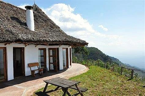 A cottage with a thatched roof and white walls, set on a hillside with a wooden bench, table, and a scenic view of rolling terrain in the distance.