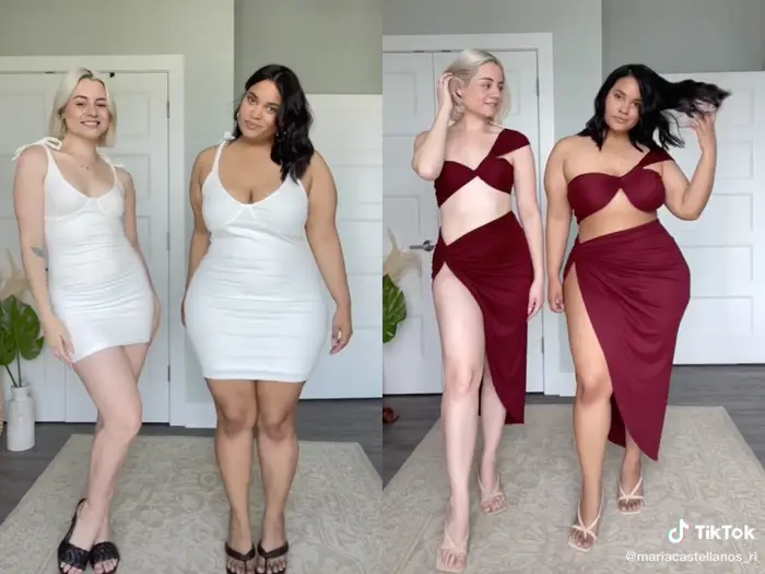 Two people wearing the same dress in different sizes, showing how fit and body shape affect the outfit’s look.