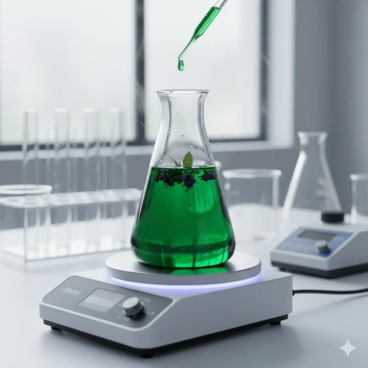 A clear, clean laboratory setting with beakers and complex glassware on a bench. In the center, a round-bottom lab flask contains a bright, vivid green liquid extract, likely derived from Damakese leaves, representing the scientific analysis of its chemical compounds.