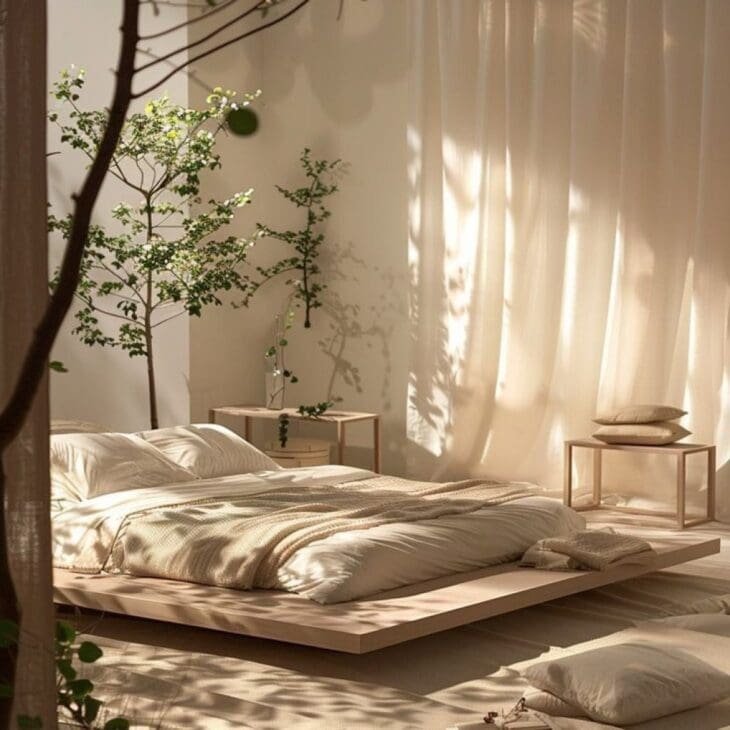 The physical space for a Soft Reset Day Routine: A calming, sunlit minimalist bedroom with neutral tones and plants, designed for deep rest and nervous system recovery from high-stimulus weeks.