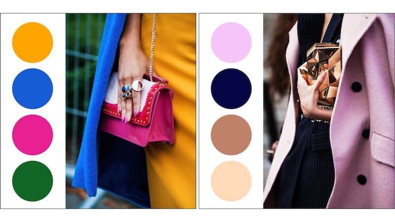 Two side-by-side color palettes with coordinating travel outfits, showing how each dress matches its respective palette.
