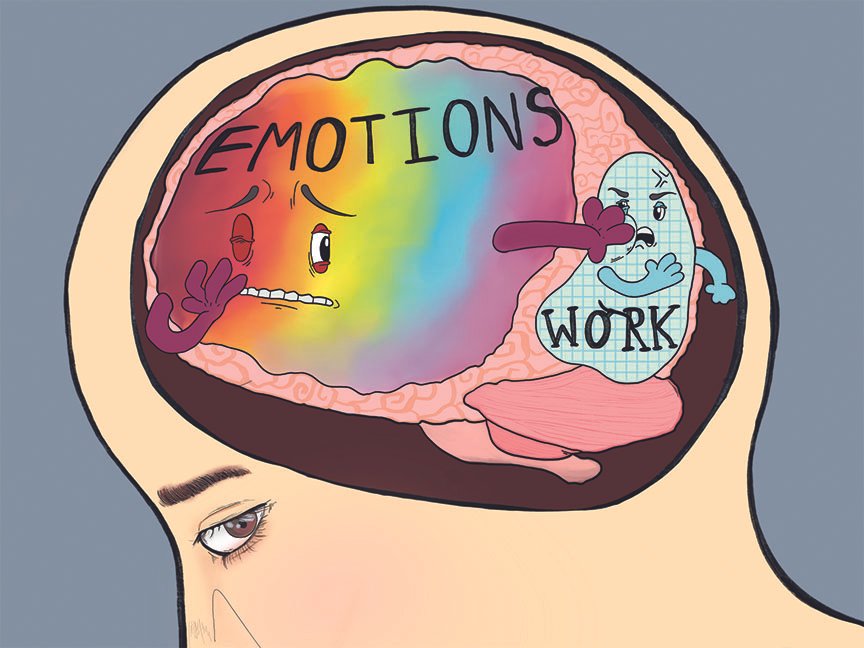 Illustration of a human head showing the brain's interior. One side, labeled “EMOTIONS” in rainbow colors, is large and looks distressed. The other side, a smaller blue figure labeled “WORK”, is angrily trying to push away the “EMOTIONS” side, symbolizing the internal conflict between logic/tasks and emotional resistance.