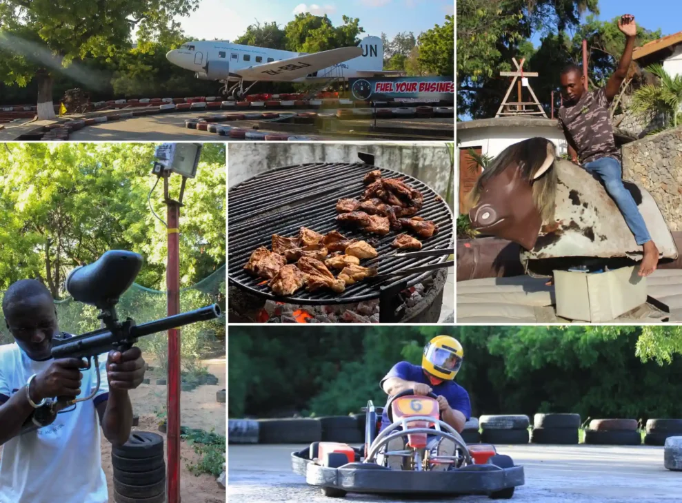 Photo collage showing various activities at an adventure park, including a man playing paintball, a man riding a mechanical bull, a person go-karting, a grill with BBQ meat, and the Airplane Lounge in the background—all part of the energetic side of Mombasa travel.