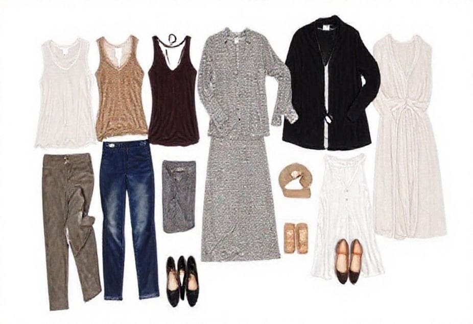 Flat lay of a travel capsule wardrobe with tops, bottoms, shoes, layers, and an accessory arranged for easy mix-and-match.