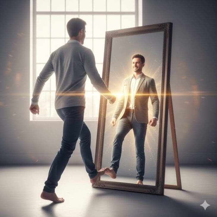 A man, dressed casually and barefoot, is shown taking a decisive step toward a large mirror. His reflection in the mirror is a confident, glowing version of himself wearing a sharp business suit, symbolizing the transition into the empowered future self.