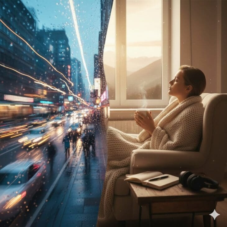 Soft Reset Day Routine visualization: A composite image showing the contrast between a chaotic city street and a calm person relaxing in an armchair looking at mountains, emphasizing stillness and recovery from overstimulation.