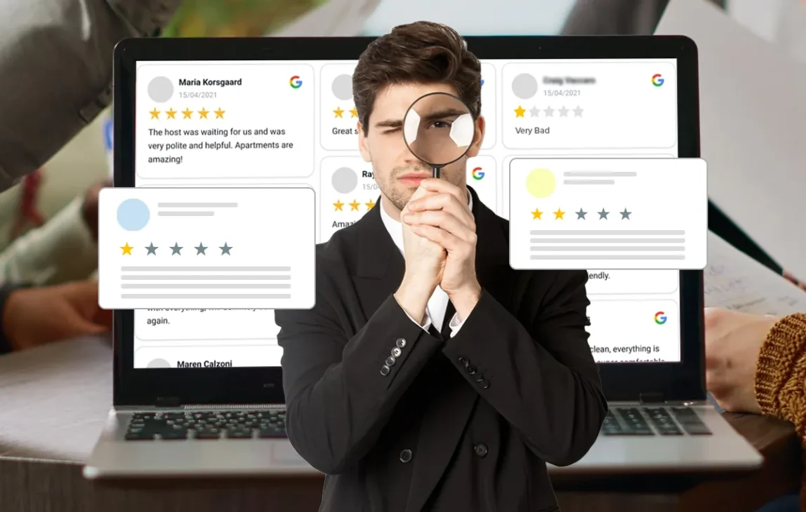 A person in a suit is holding a large magnifying glass to their eye, inspecting floating online review cards displayed over a laptop screen. The image visually represents the process of critically examining and detecting fake or suspicious customer reviews.
