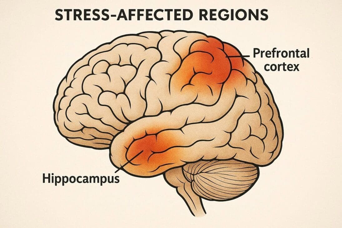 brain diagram showing effects of chronic stress on hippocampus and prefrontal cortex