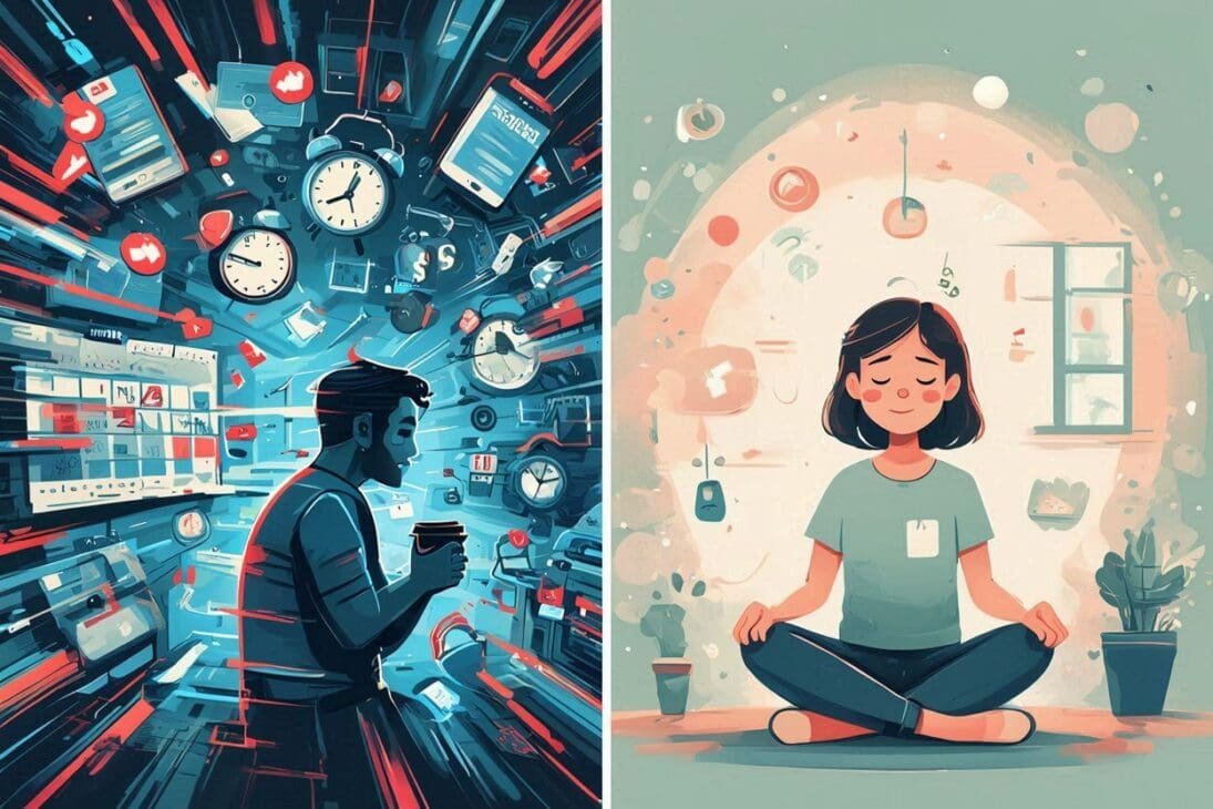 cortisol stress response vs slow living balance illustration