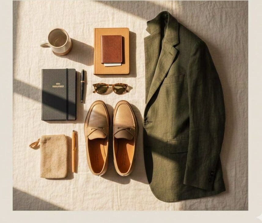 A minimalist flat lay of men's quiet luxury travel items on a light beige linen cloth, bathed in soft sunlight. Items include a dark olive green linen blazer, a pair of light tan leather penny loafers, tortoiseshell sunglasses, a dark grey notebook and pen, a small brown leather passport holder, a ceramic mug, and a drawstring pouch. The image emphasizes organic textures, neutral tones, and quality craftsmanship.