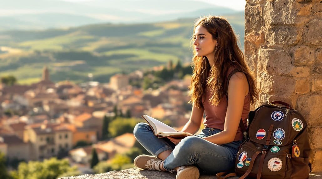 Young solo traveler planning their trip outside a hostel with a tablet and backpack, representing intentional and budget-friendly travel for Gen Z travelers.