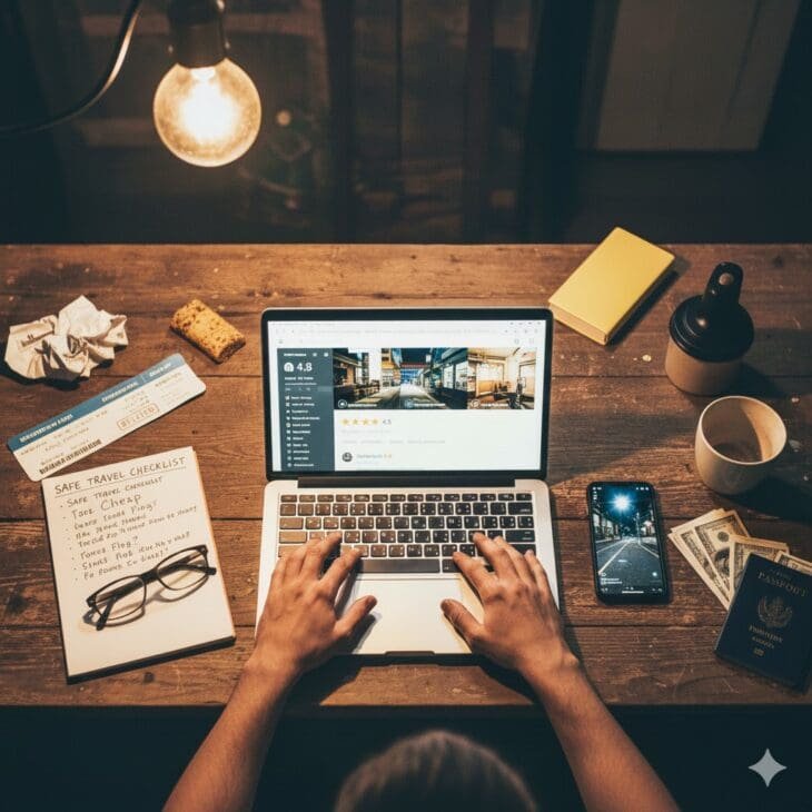Overhead view of a person typing on a laptop displaying an accommodation listing with a 4.8 rating. The cluttered wooden desk includes a notebook with a "SAFE TRAVEL CHECKLIST," reading glasses, a passport, money, flight tickets, and a bare lightbulb hanging overhead.