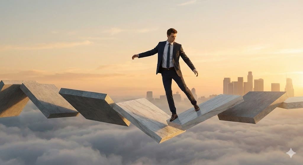A well-dressed young professional stands on a series of floating, geometric platforms that look like marble or concrete. Some of the platforms are slightly tilted or beginning to crumble at the edges into a digital void. In the background, a sunset sky suggests a "calm" that doesn't match the precariousness of the foreground.
