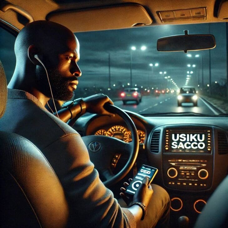 A digital illustration of a focused man of African descent driving a car at night through a city street with blurred headlights in the background.