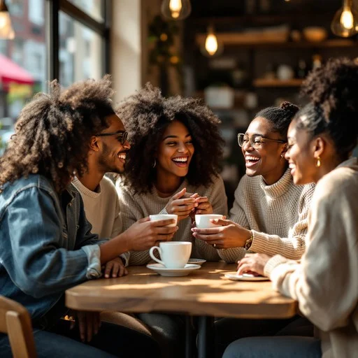 A warm, sunlit photo of four friends with natural hair sitting around a wooden cafe table, laughing joyfully while holding white coffee cups.