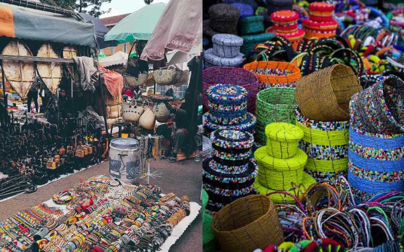 Vibrant wide-angle view of a bustling Kenyan market with vendors selling handmade crafts, fresh produce, and spices, capturing the lively rhythm of daily life.