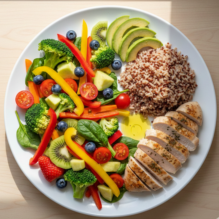 Balanced plate showing half vegetables and fruits, one-quarter protein, one-quarter whole grains, and a small portion of healthy fats.