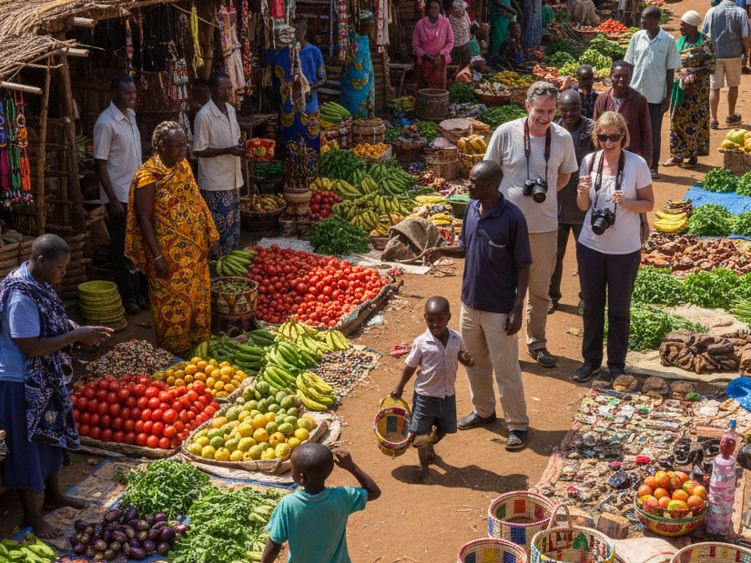 Local Kenyan vendors selling produce and crafts while interacting with customers in a busy market, showcasing daily life and culture.