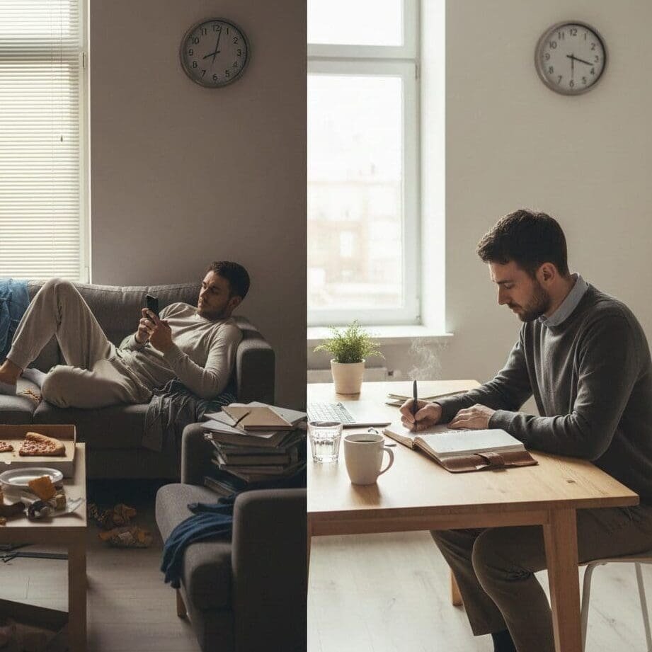 Split image showing a person distracted on a phone versus the same person working at a desk, illustrating discipline versus motivation.