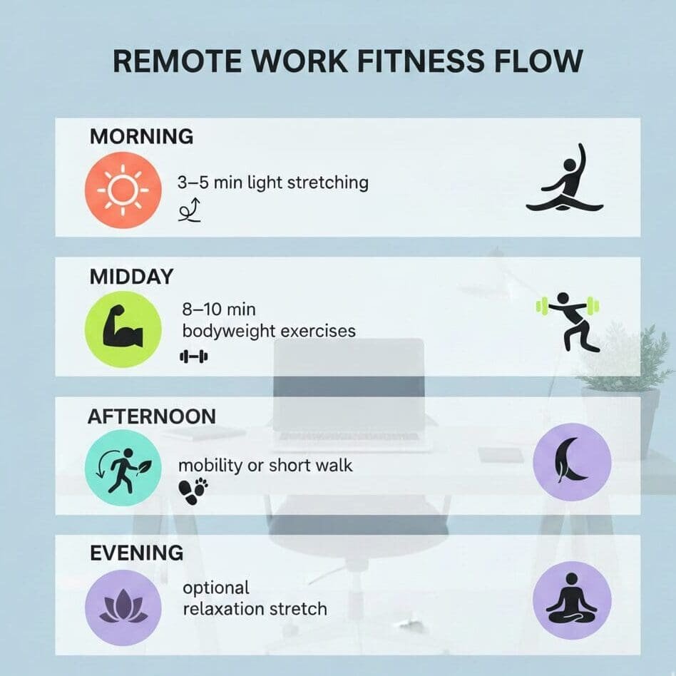 A daily schedule graphic showing short movement breaks in the morning, midday, afternoon, and evening for a balanced work-from-home fitness routine.