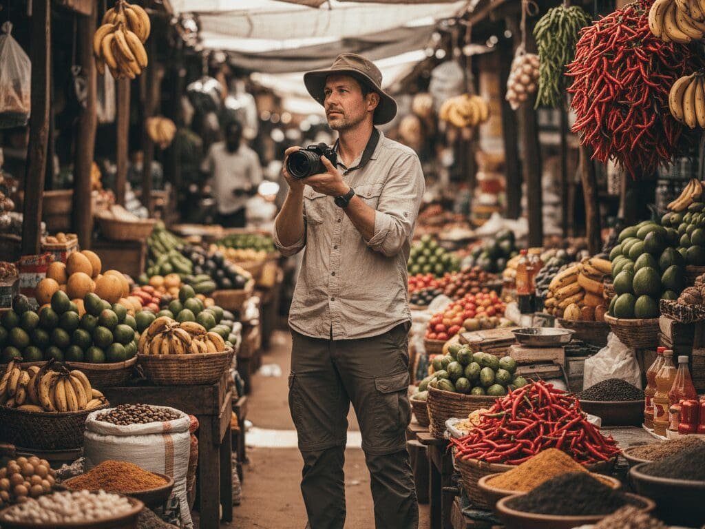 A foreign traveler standing quietly in a Kenyan market aisle, observing and photographing fresh produce, with vibrant fruits and vegetables around them.