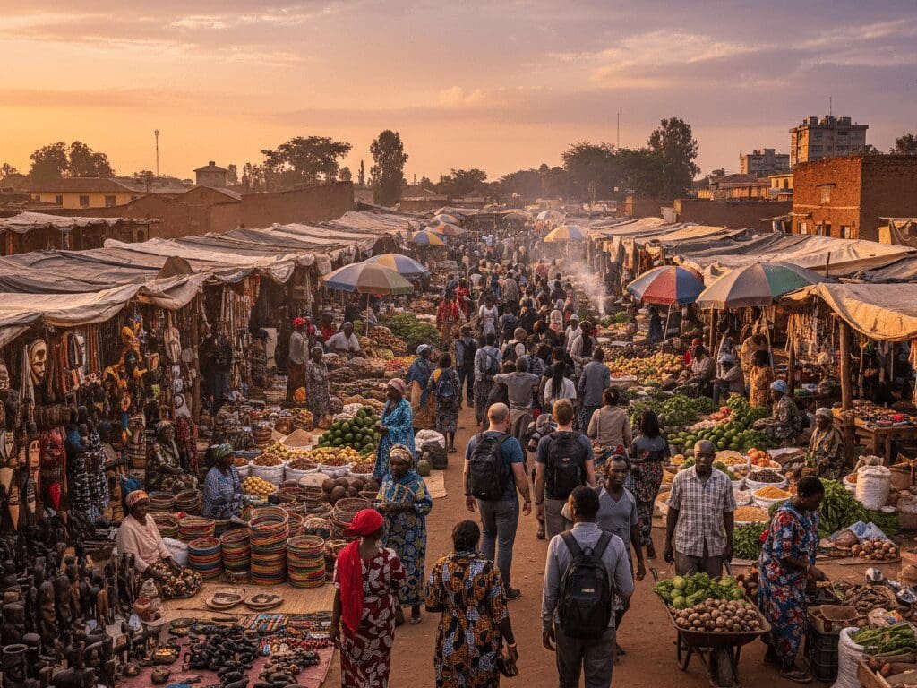 A bustling Kenyan market with vendors displaying colorful crafts and fresh produce, while locals and tourists move through the stalls.