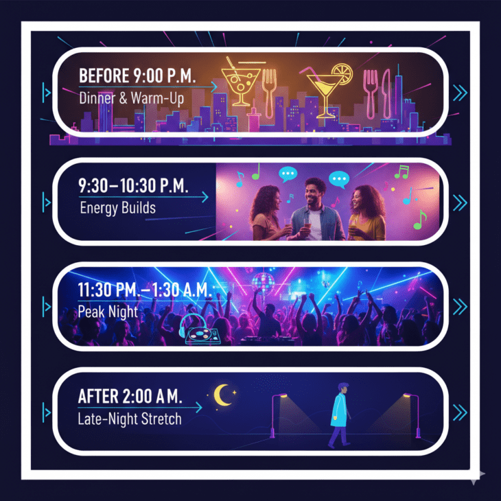 Infographic showing the timeline of Nairobi nightlife, from dinner and warm-up before 9 p.m., energy building at 9:30–10:30 p.m., peak night activity at 11:30 p.m.–1:30 a.m., to late-night stretch after 2 a.m., with icons for dining, socializing, dancing, and the Nairobi skyline in the background.