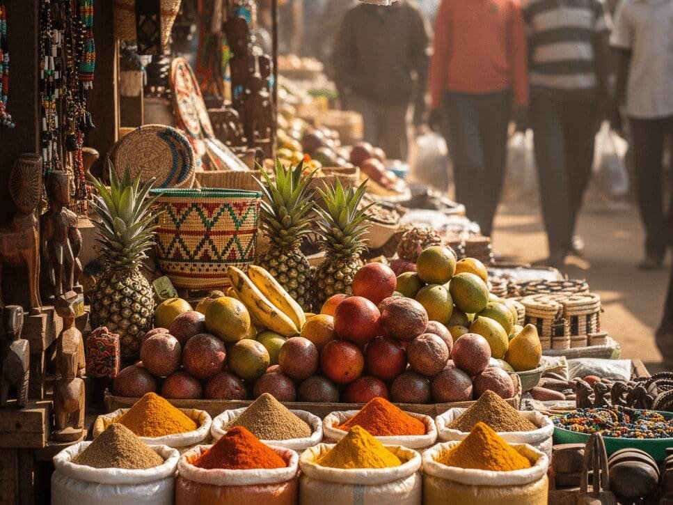 Colorful spices, fresh fruits, and handmade crafts at a bustling Kenyan market, with shoppers moving in the background.