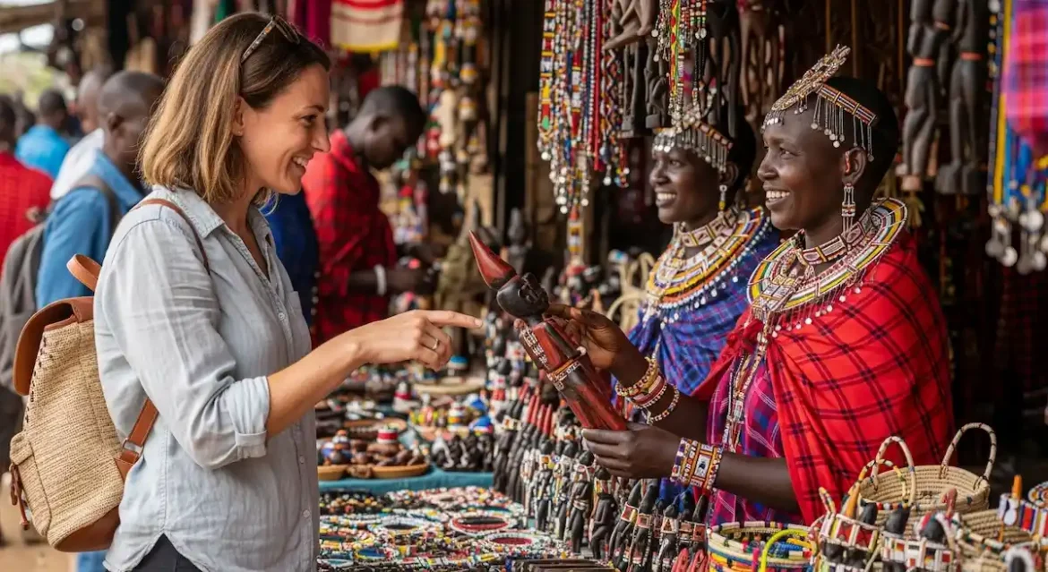 A smiling woman tourist with a backpack points at a wooden figurine held by a Maasai artisan at an outdoor Maasai market in Nairobi. The artisan and her colleague are dressed in traditional red plaid Shuka garments and intricate, colorful beadwork jewelry. The stall is filled with vibrant handcrafted goods, including beaded bowls, carvings, and jewelry.