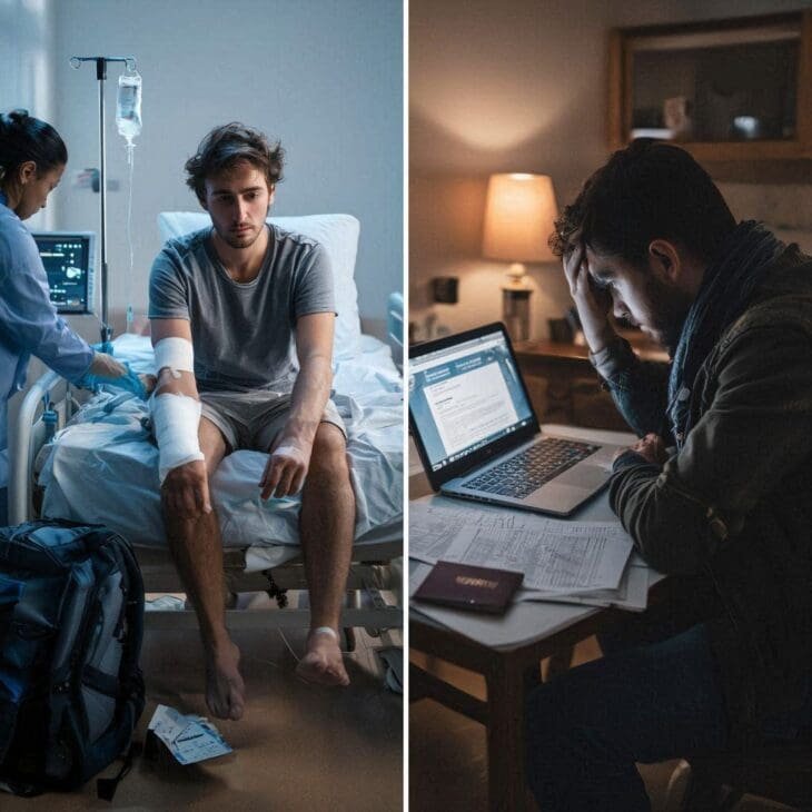 A split image showing a man in a hospital bed with a bandaged arm on the left, and the same man looking stressed at a desk at night surrounded by paperwork and a laptop on the right.