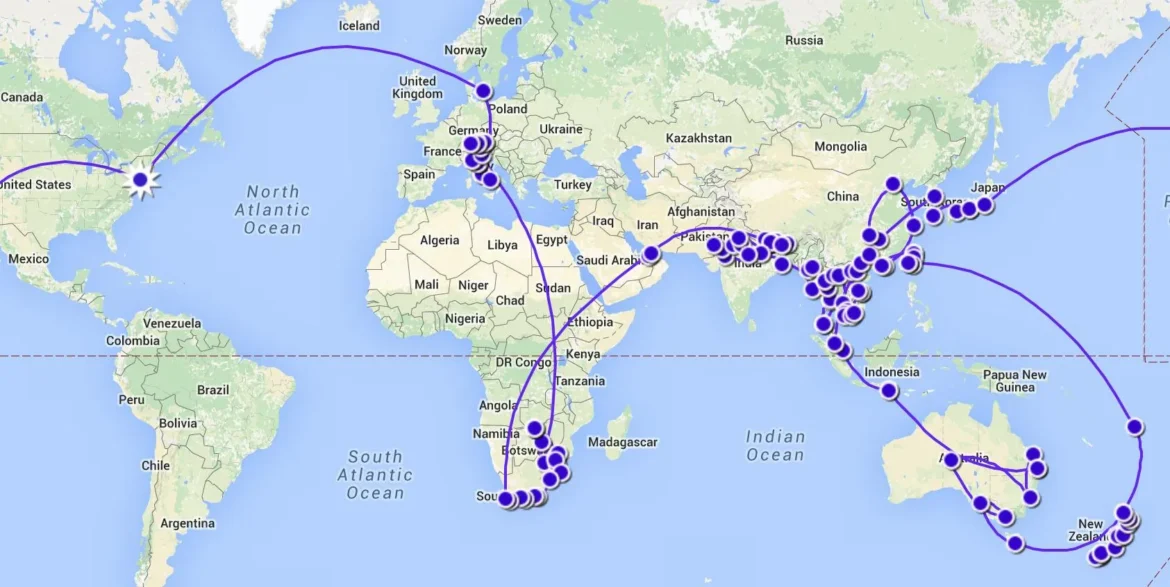  A world map showing a network of flight routes with numerous purple markers across Europe, Africa, Asia, and Oceania, illustrating international connections.