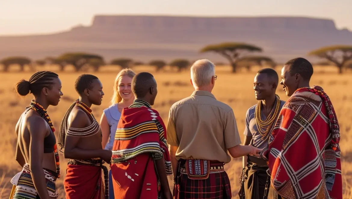 Kenyan locals and a tourist chatting and laughing together in a lively market, surrounded by colorful goods.