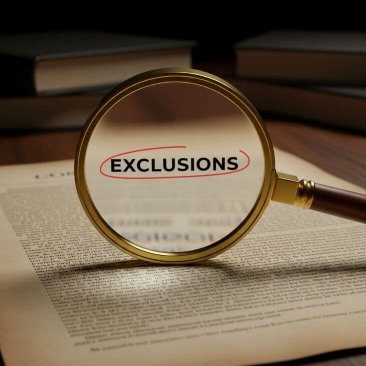 A close-up view of a legal contract through a gold magnifying glass, highlighting the word "EXCLUSIONS" circled in red.