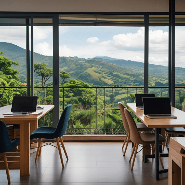 An internet cafe with laptops and comfortable green seats, with a wide window with a forest view