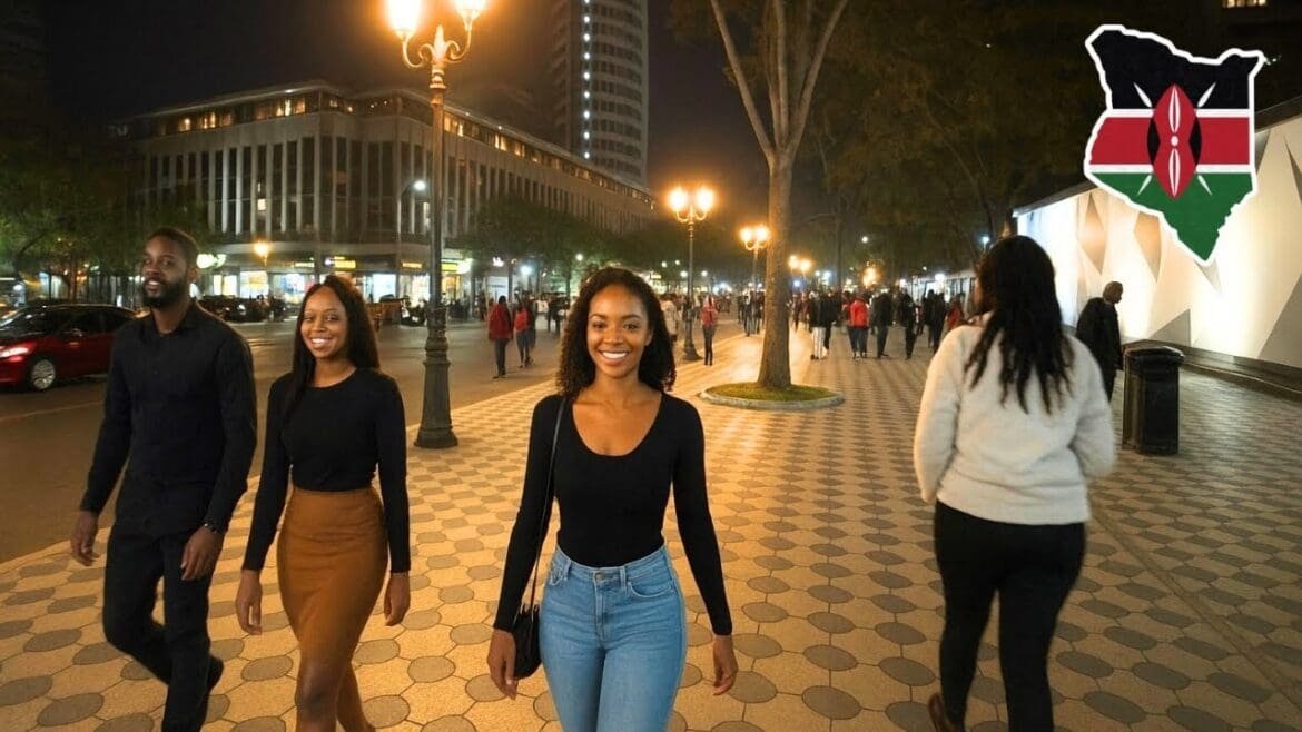 Travelers navigating a safe, well-lit Nairobi street at night, using ride-hailing services, with security visible at nearby nightlife venues.