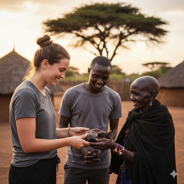 In a rural Kenyan village at sunset, a young woman with a brown hair bun and a grey t-shirt smiles as she uses both hands to respectfully receive a small, dark wooden carving from an elderly Kenyan woman. The elder is dressed in a black wrap and vibrant beaded bracelets. A young Kenyan man stands behind them, smiling at the interaction. Traditional thatched-roof huts and a large acacia tree are visible in the soft-focus background.