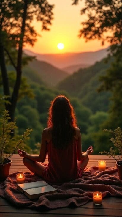 A woman with long hair seen from behind, sitting in a cross-legged meditation pose on a wooden deck. She is silhouetted against a vibrant sunset overlooking a lush, green valley with rolling hills and glowing candles nearby.