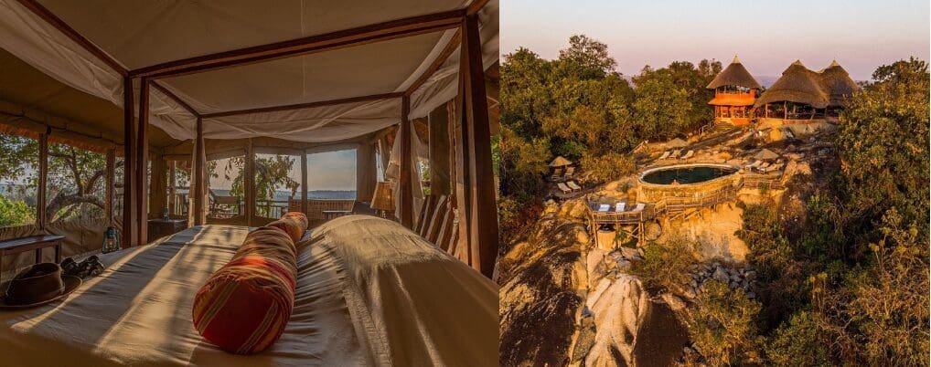 A two-image composition of Mihingo Lodge showing a luxury tented bedroom with panoramic views on the left, and a circular infinity pool perched on a rocky cliff overlooking a vast valley on the right.