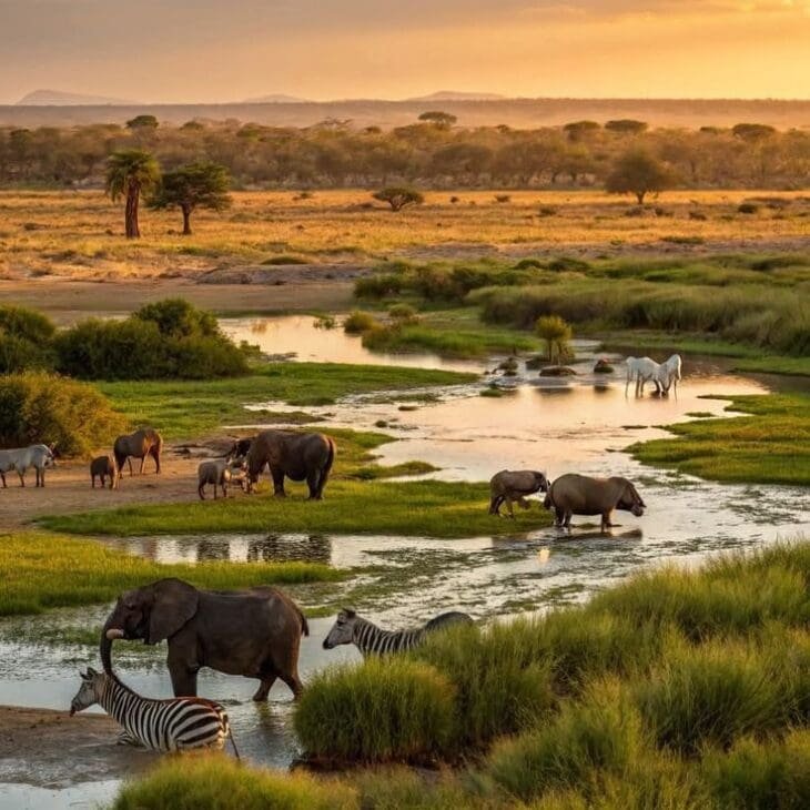A shallow river winds through a grassy savannah as elephants and zebras wade in the water, with distant trees and hills under a warm, sunset-lit sky.