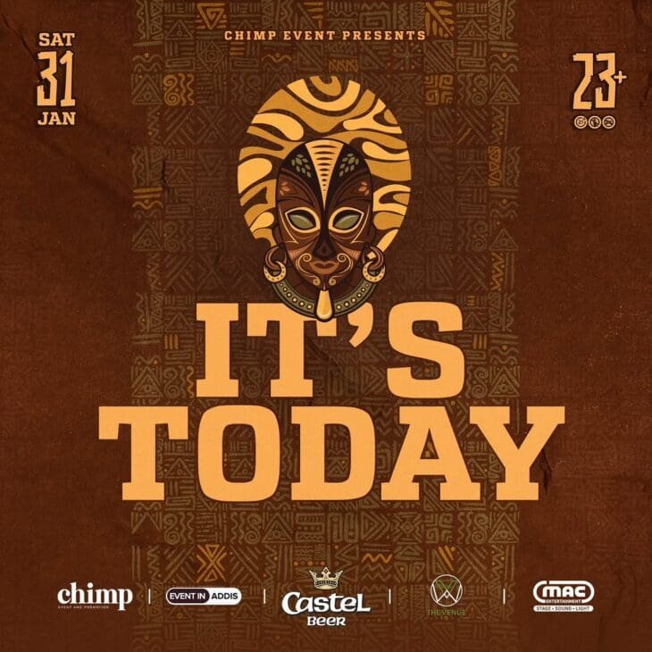 Jubilation Africa event poster in Addis Ababa featuring African mask design, event date, and nightlife announcement.