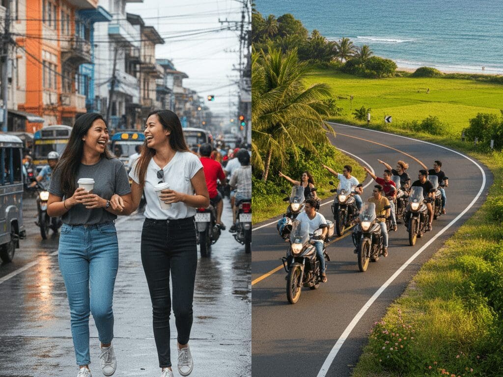 Split-scene showing realistic friends exploring Manila streets and riding motorcycles along a coastal road in Mindoro, Philippines.